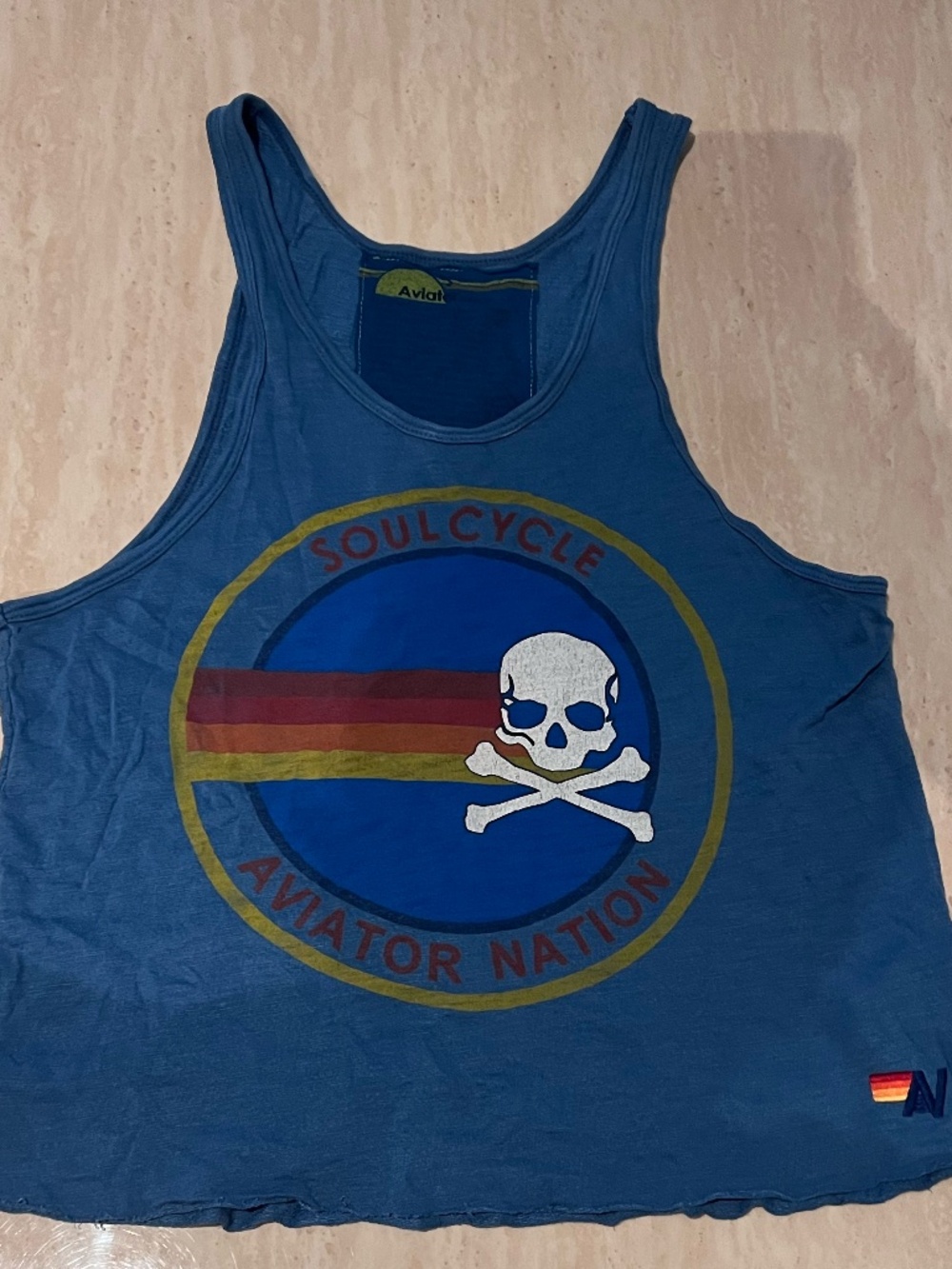Aviator Nation X Soul Cycle Collab Blue Logo Graphic Skull Tank Top Size S - Picture 2 of 5